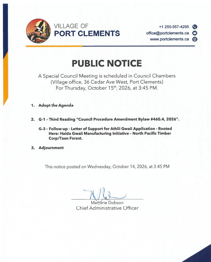 October 15, 2026 Special Council Meeting